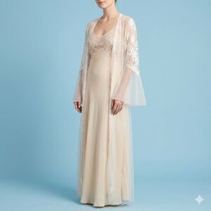 VTG Jonquil Diane Samandi Cassidy White Lace Mesh Sheer Maxi Robe Kimono Bridal